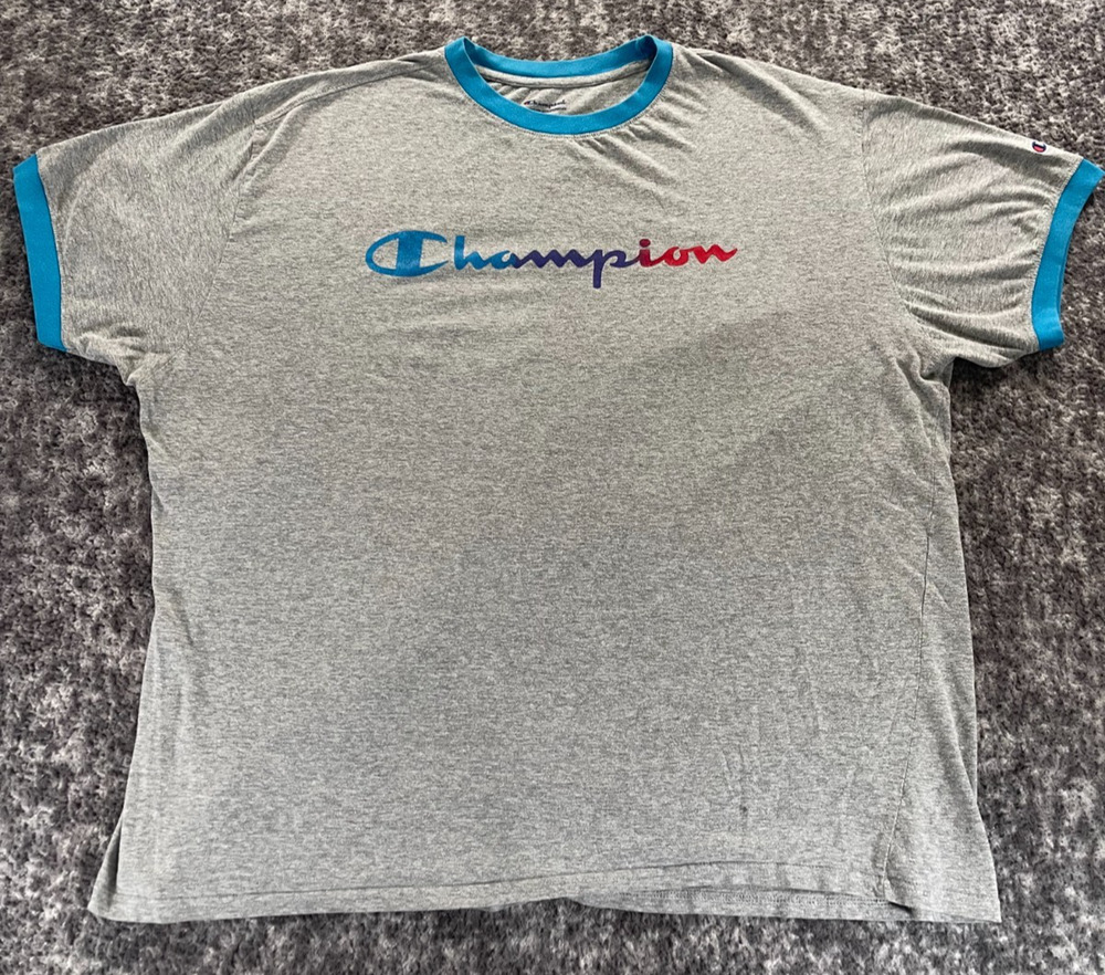 Champion T-Shirt Mens Size 2XL Grey Blue Ringer Athletic Logo Short Sleeve Tee